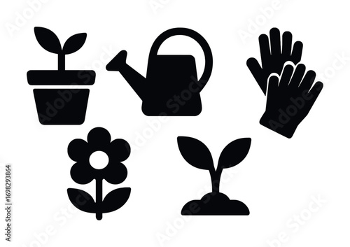 Gardening tools and icons: plant, watering can, gloves, flower, seedling