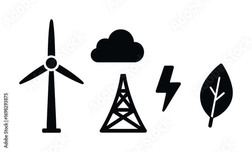 Renewable energy icons: wind turbine, cloud, power line, lightning, leaf