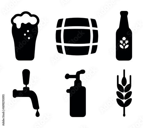 Beer brewing icons: pint, barrel, bottle, faucet, tap, wheat silhouettes