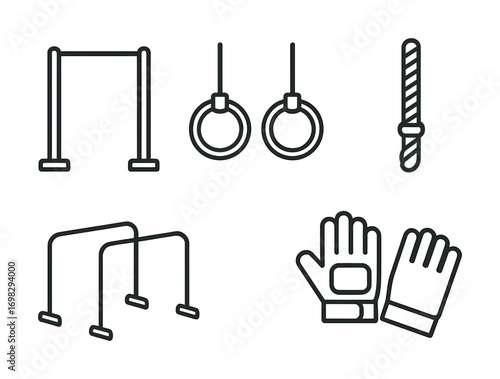 Gymnastics equipment set: bars, rings, rope, parallel bars, gloves