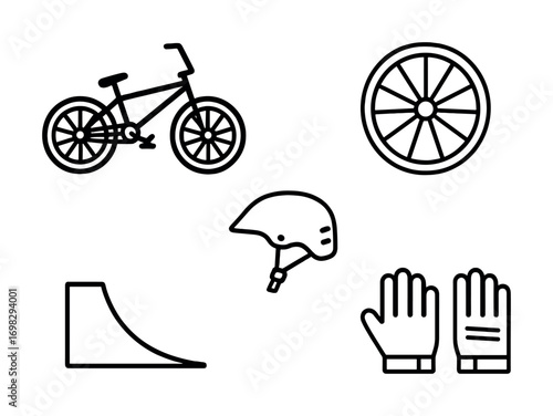 Outline icons of bmx gear and ramp: helmet, gloves, bicycle, and wheel