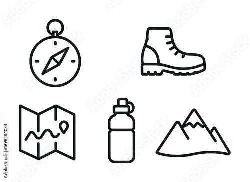 Outdoor adventure essentials: compass map hiking boot water bottle mountain icons