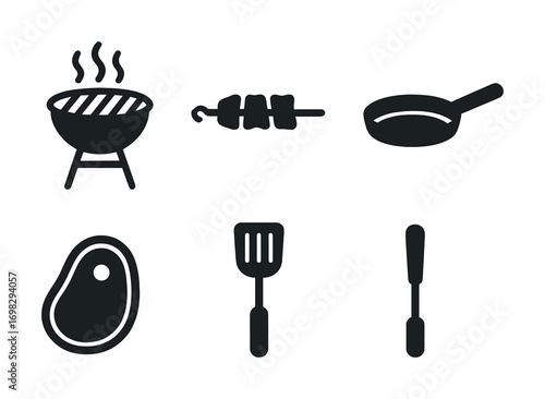 Barbecue grill and cooking utensils icons set for outdoor cooking enthusiasts