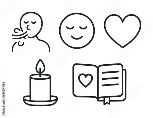 Minimalist symbols of relaxation: breathing, calm face, love heart, candle, open book