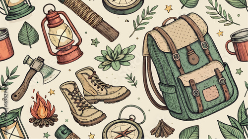 Vintage Hand-Drawn Camping and Hiking Gear Seamless Pattern