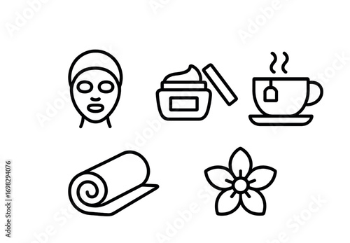 Relaxation and spa symbols: face mask, cream, tea, yoga mat, flower