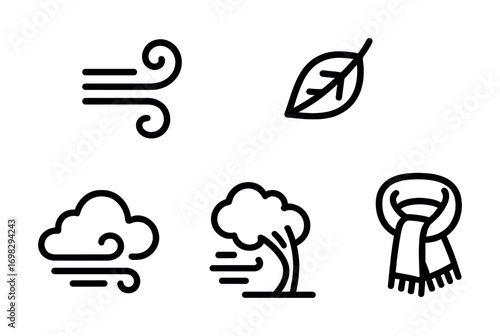 Windy weather icons: wind, leaf, cloud, tree, scarf symbols in black and white