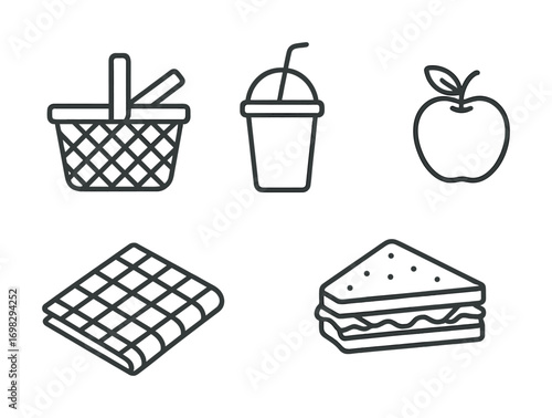 Picnic essentials: basket, drink, apple, blanket, sandwich icons