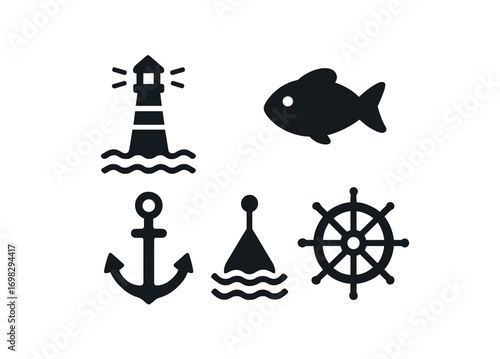Nautical symbols set: lighthouse, fish, anchor, buoy, and ship wheel icons