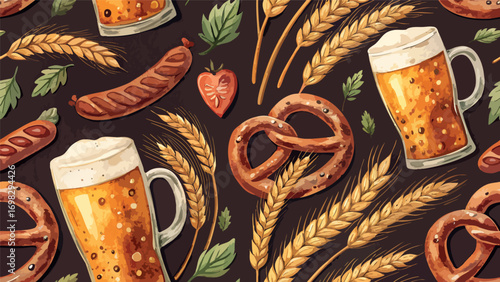Watercolor Oktoberfest Background Pattern with Beer, Pretzels, Sausages, and Wheat