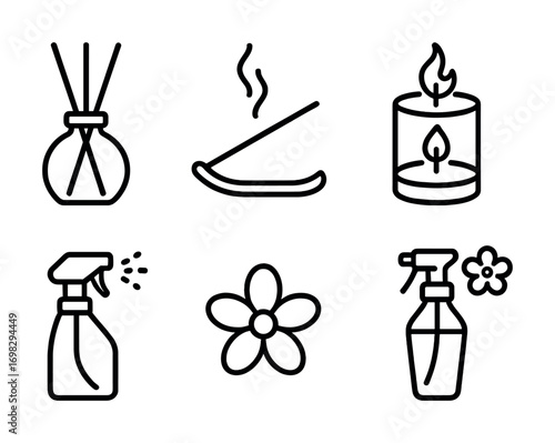 Aromatherapy elements: diffuser, incense, candle, spray bottles, flower icon set