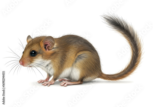 A detailed illustration of a dormouse against a clean white background showcasing its tiny features and fluffy tail, a curious small rodent in nature's spotlight.