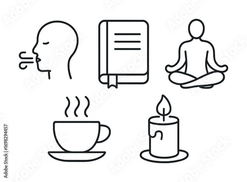 Mindfulness essentials: relaxation icons of breathing, meditation, reading, tea, and candle