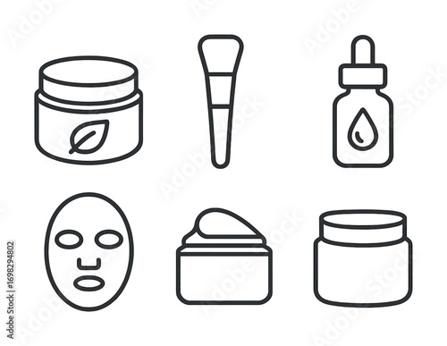 Skincare essentials icons: cream jar, brush, dropper, mask, bottle, simple outline design