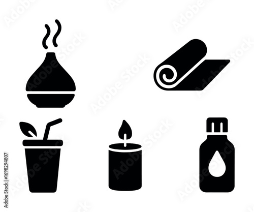 Aromatherapy essentials with diffuser, yoga mat, herbal drink, candle, and oil bottle icons