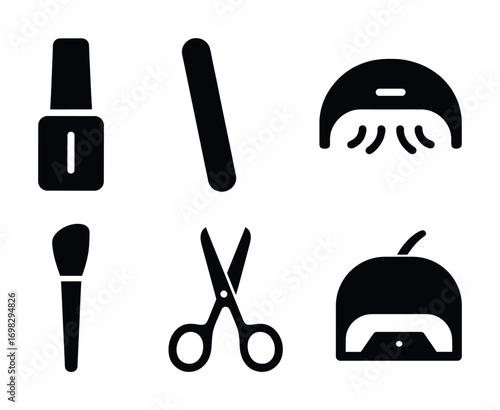 Nail care icons: polish, file, brush, scissors, uv lamp