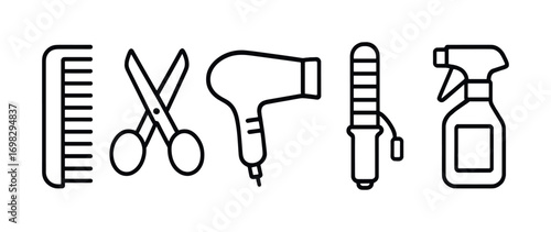 Hair styling tools icon set: comb, scissors, hairdryer, curling iron, spray bottle