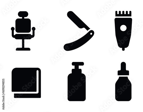 Barber tools icons set: chair, razor, clipper, towel, bottle, dropper