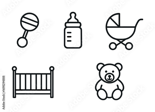 Baby essentials: rattle, bottle, stroller, crib, and teddy bear icons