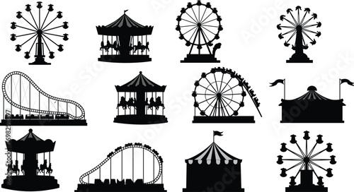Amusement park silhouette collection, featuring Ferris wheels, roller coasters, carousels, carnival tents, perfect for fun fair and entertainment themes.