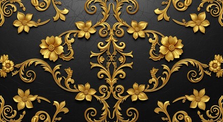 Rideaux Noir et or patrons Elegant gold floral ornamentation pattern on a dark textured background.  © MDImran