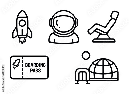 Space travel icons: rocket, astronaut, ticket, igloo, recliner