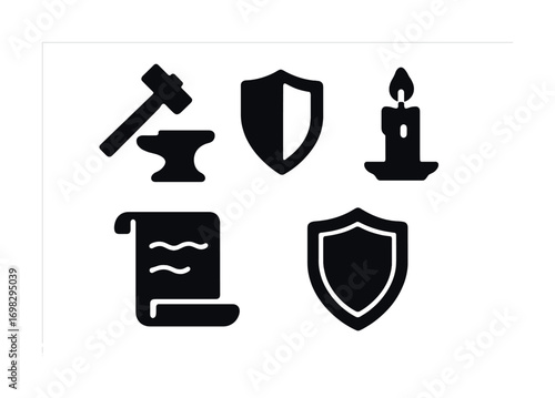 Medieval icons: hammer, anvil, shield, candle, scroll in black silhouette