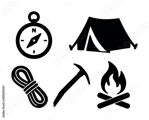 Camping essentials icons: compass, tent, rope, ice axe, campfire for outdoor adventures