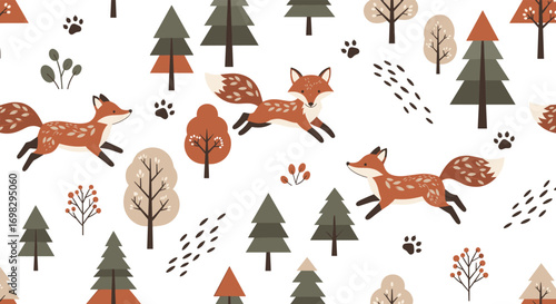 Adorable woodland creatures foxes frolicking among autumn trees and gentle paw prints pattern