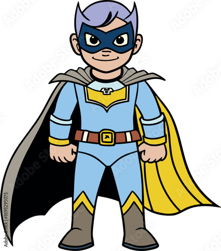 Adorable young superhero boy ready for adventure in blue costume yellow cape and mask