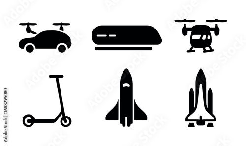 Silhouette icons of futuristic transportation: flying car, train, drone, scooter, rocket, space shuttle