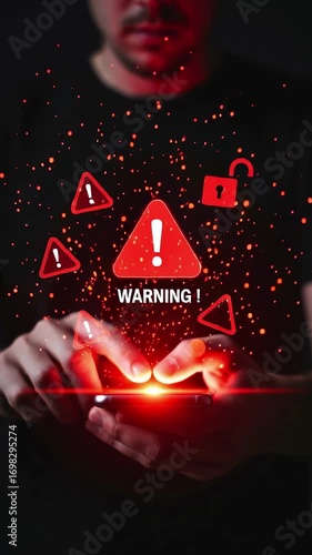 A warning alert cybersecurity data breach digital danger exclamation mark symbol glowing red lock urgent notification security threat protection