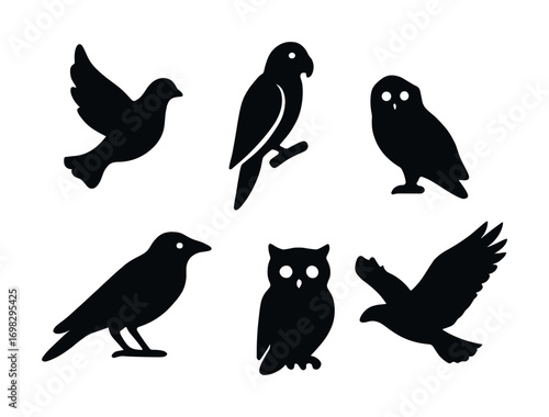 Silhouettes of various birds: parrot, owl, crow, dove, hawk