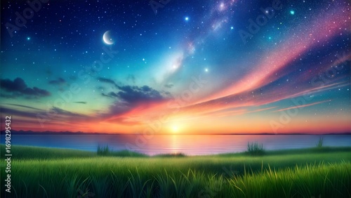 Coastal sunset with crescent moon and starry sky ocean.