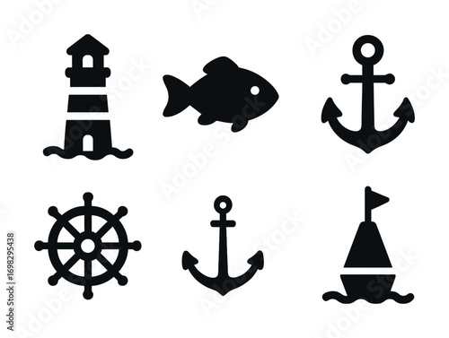 Nautical icons: lighthouse, fish, anchor, ship wheel, buoy silhouettes