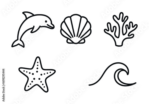 Outline icons: dolphin, seashell, coral, starfish, wave