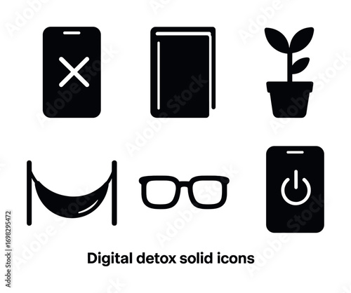 Digital detox icons: no phone, book, plant, hammock, glasses, power off