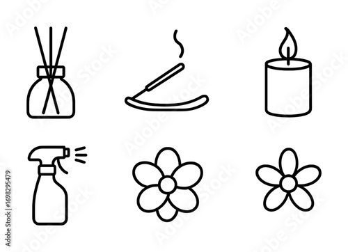 Aromatherapy icons: diffuser, incense, candle, spray, flowers