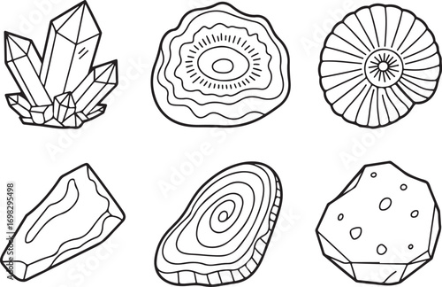 Collection of geological specimens including crystals and fossils isolated on white background
