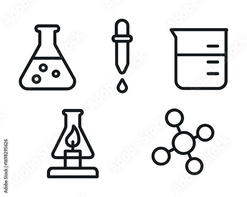 Outline icons of laboratory equipment including flask, pipette, beaker, burner, and molecule structure
