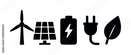 Renewable energy icons: wind turbine, solar panel, battery, plug, leaf symbol