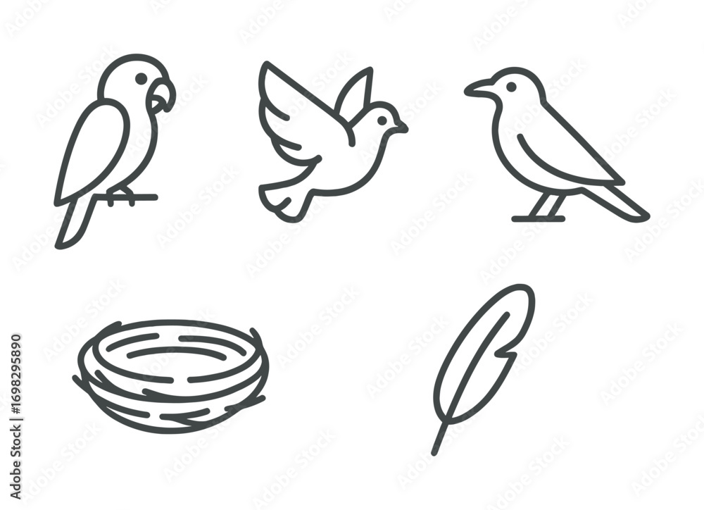 Fototapeta premium Outline icons of birds, nest, and feather on white background