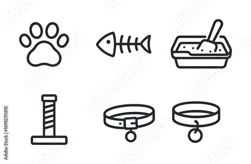 Outline icons of cat accessories: paw, fishbone, litter box, scratching post, collars