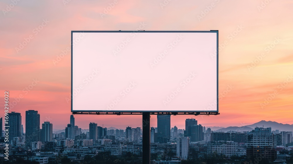 Fototapeta premium Blank Billboard against a Vibrant City Skyline at Sunset with Soft Hues of Orange and Pink Illuminating the Evening Sky