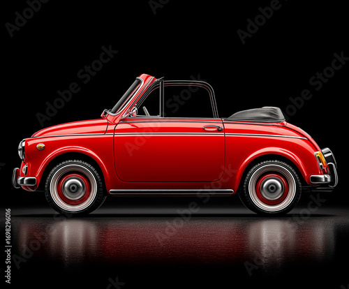 Shiny red vintage convertible car reflected on glossy black surface, studio product shot. AI generated