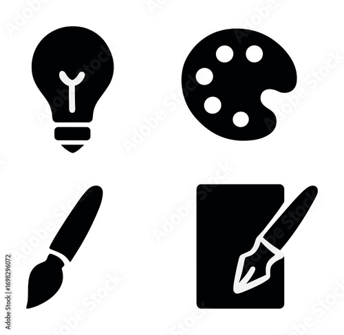 Creative icons: light bulb, paint palette, brush, and nib pen in black and white design