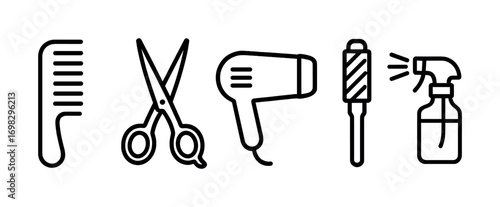 Hair styling tools icon set featuring comb, scissors, hairdryer, brush, and spray bottle