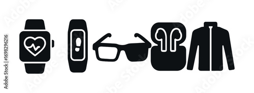 Black silhouettes of tech gadgets and apparel: smartwatch, fitness tracker, glasses, earbuds, jacket