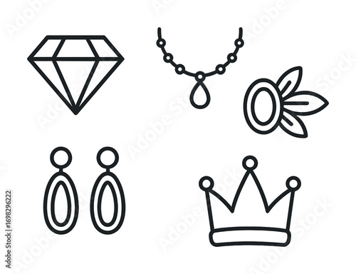 Outline icons of jewelry: necklace, diamond, crown, ring, earrings