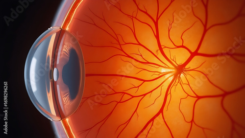 A microscopic image of the human retina, showing the complex vascular network, the layered structure of retinal cells, and the optic nerve head. 
